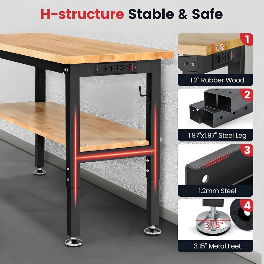 Workbench with Double Layers 48 x 20 Inch Heavy Duty Rubberwood Tabletop Work...