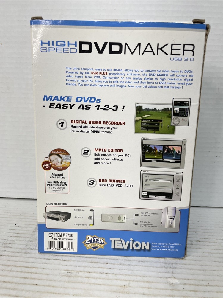 Tevion High Speed DVD Maker USB 2.0 Convert Videotapes to DVDs Using PC - NOB