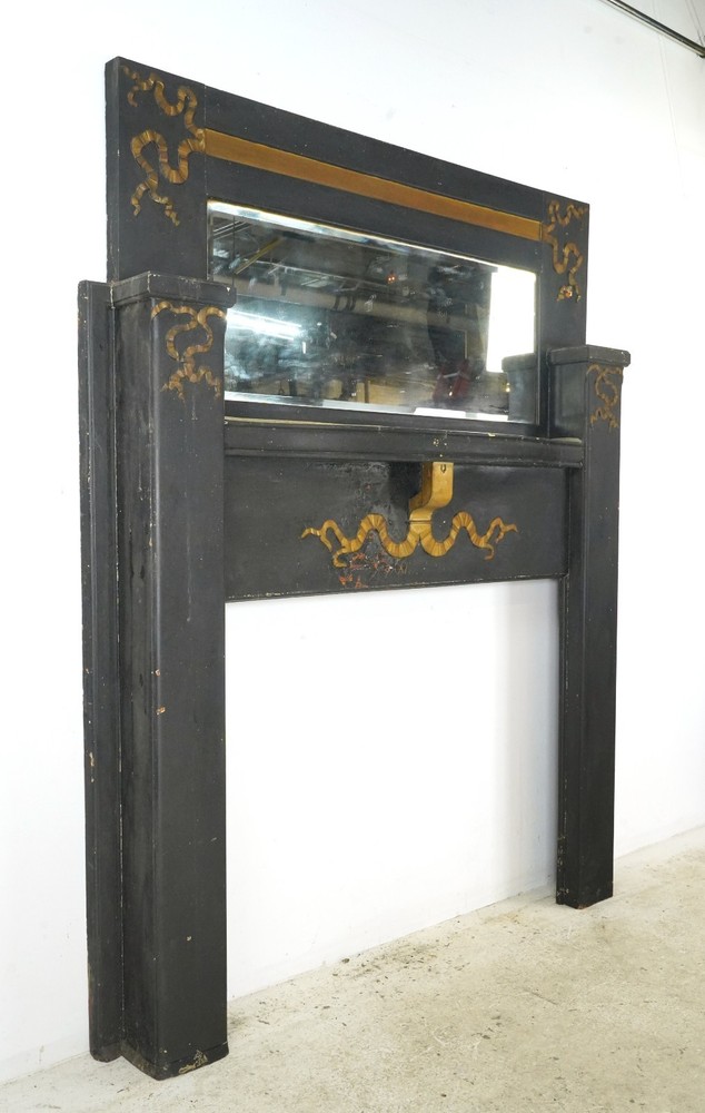 Victorian Black Wood Full Size Mantel with Mirror