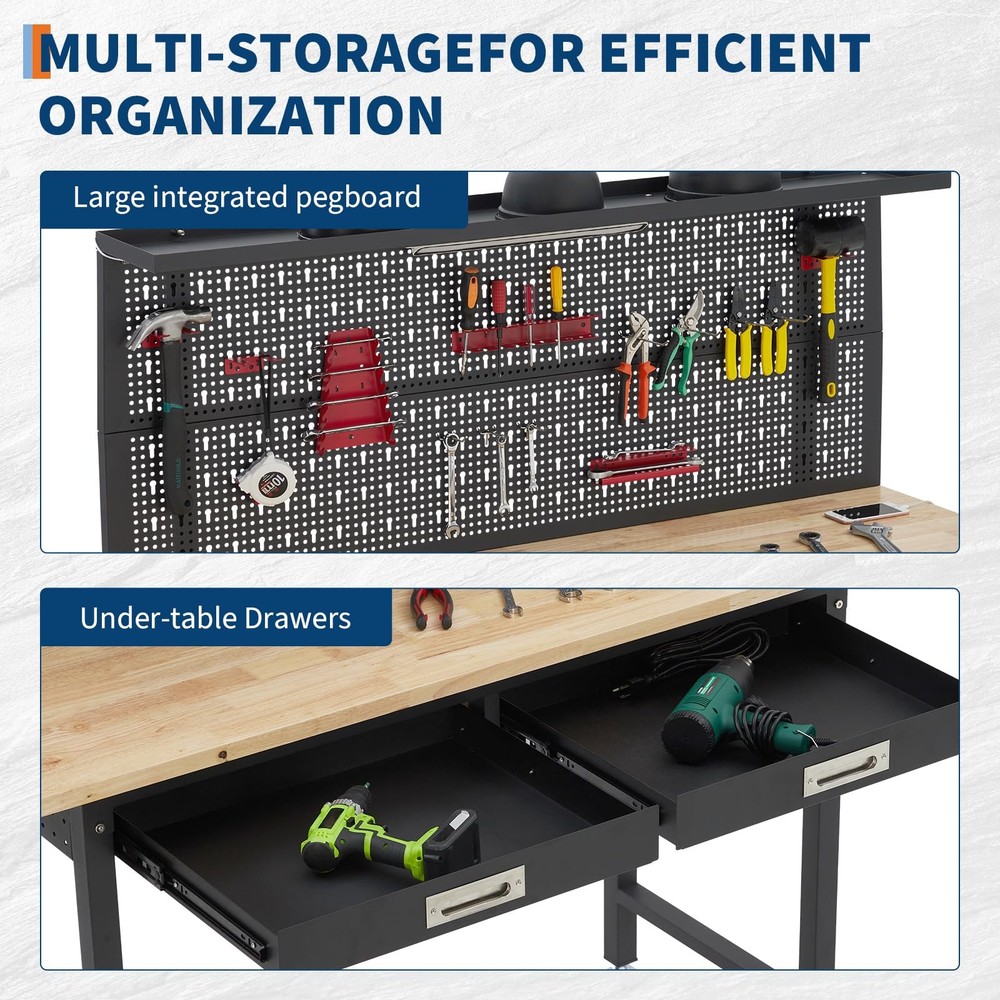60" Adjustable Heavy Duty Workbench Work Table w/ Drawers & LED Light & Pegboard