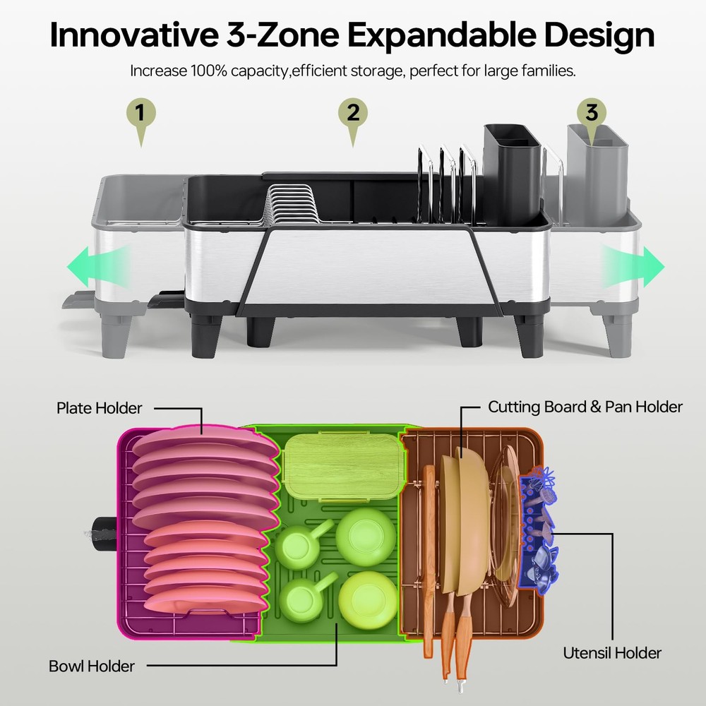 Large Dish Drying Rack Triple Expandable Dish Rack for Kitchen Counter, Stai...