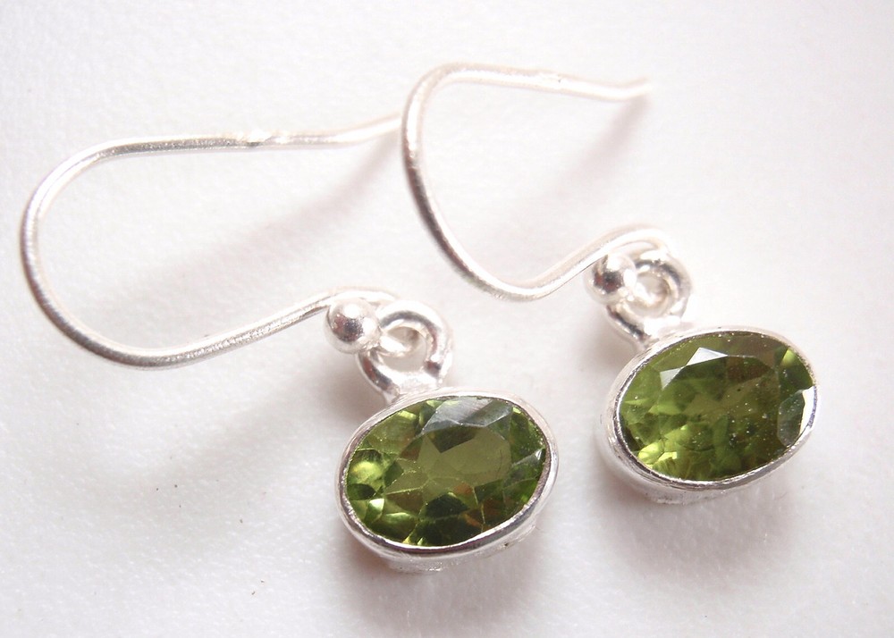 Small Faceted Peridot Oval 925 Sterling Silver Dangle Earrings