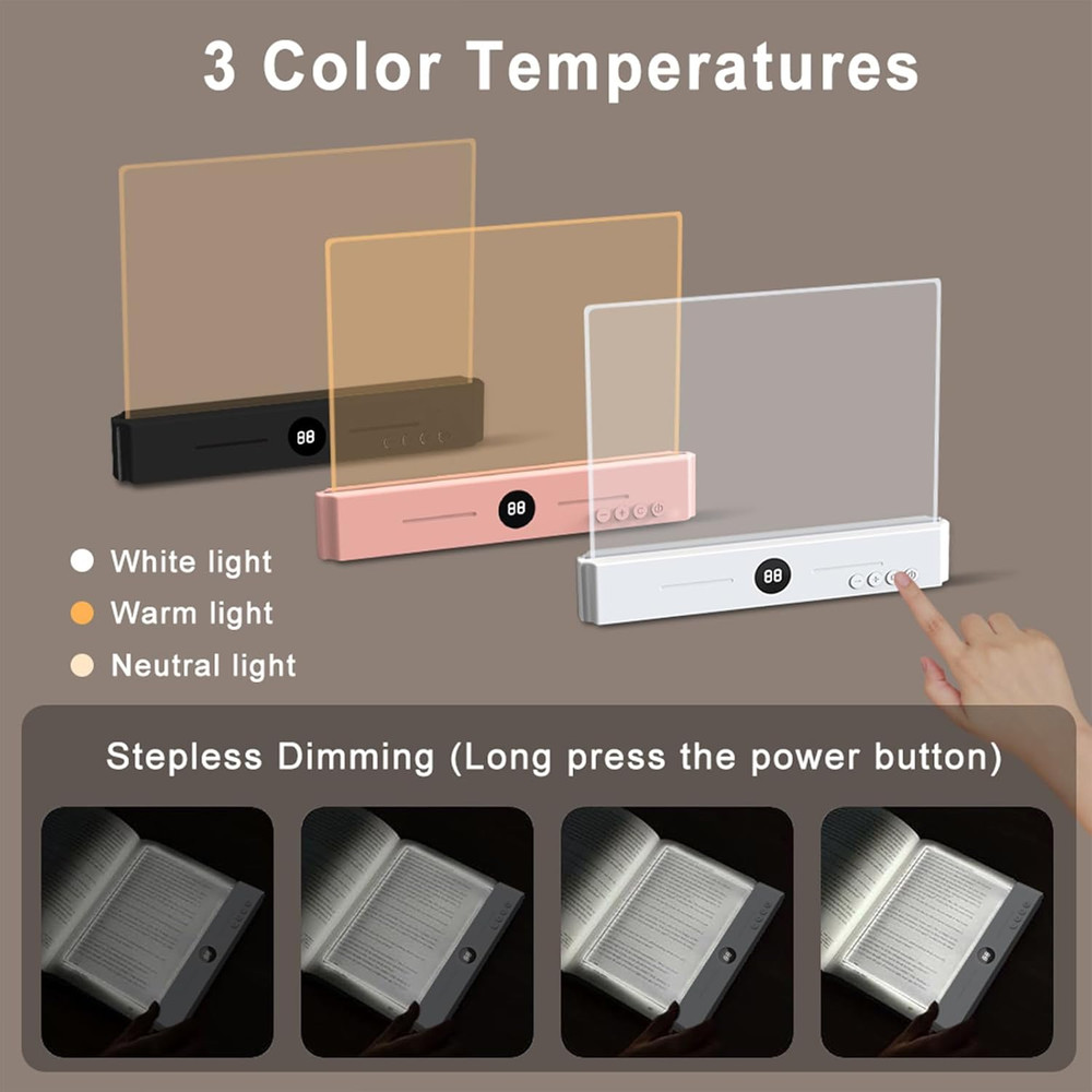 LED Clear Flat Book Light,Rechargeable Clear Flat Panel Reading Lamp with 3 Colo