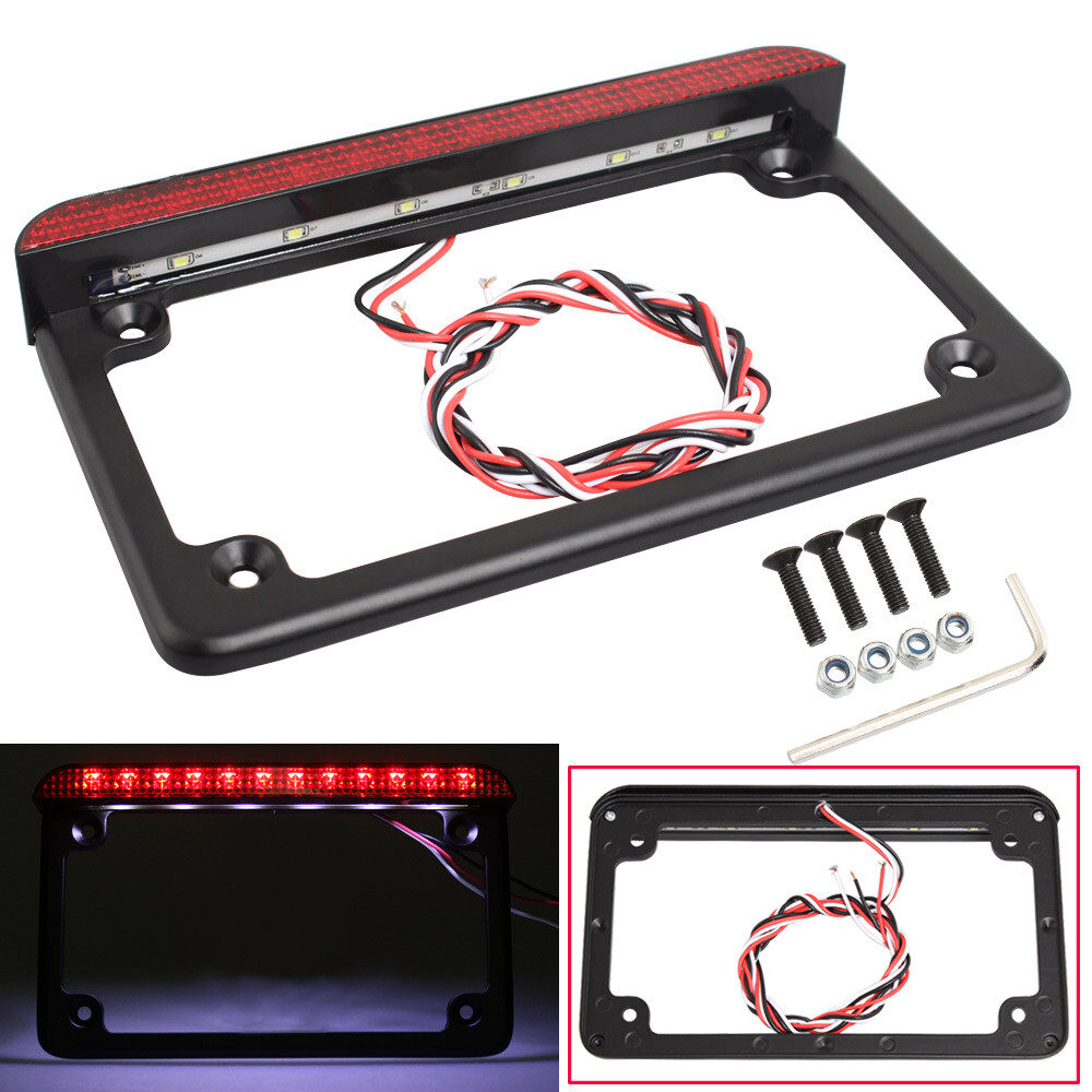 Universal Motorcycle Black License Plate Frame with LED Tail Brake Light Mount