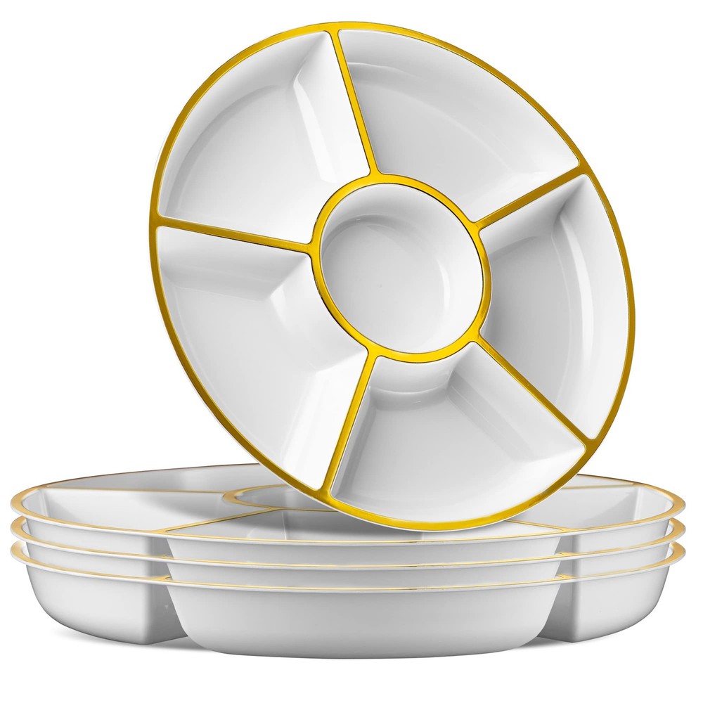 Plasticpro 6 Sectional Round Plastic Serving Tray/Platter 4, White & Gold