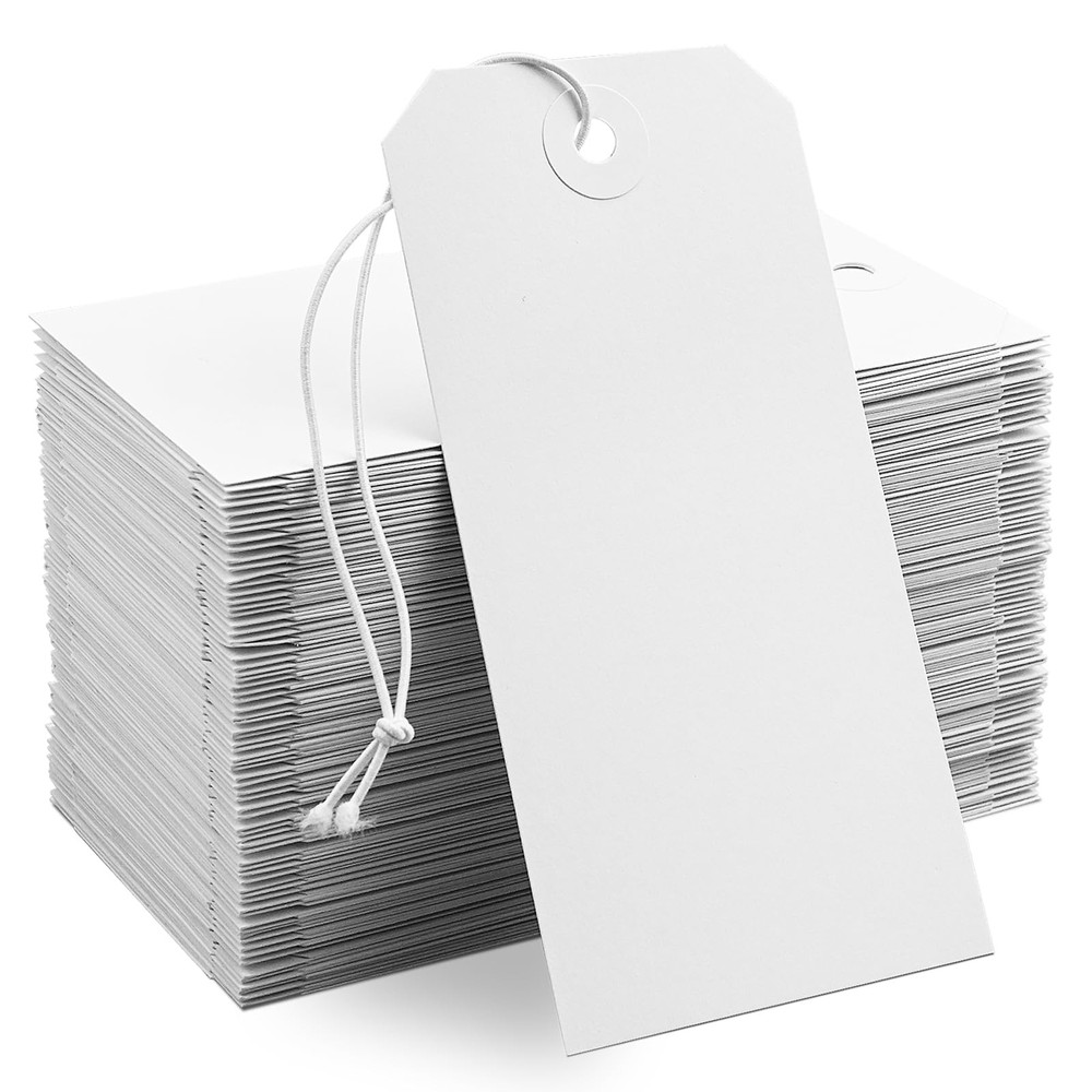 100 Pack White Shipping Tags with Elastic String Blank Labeling Tags with Str...