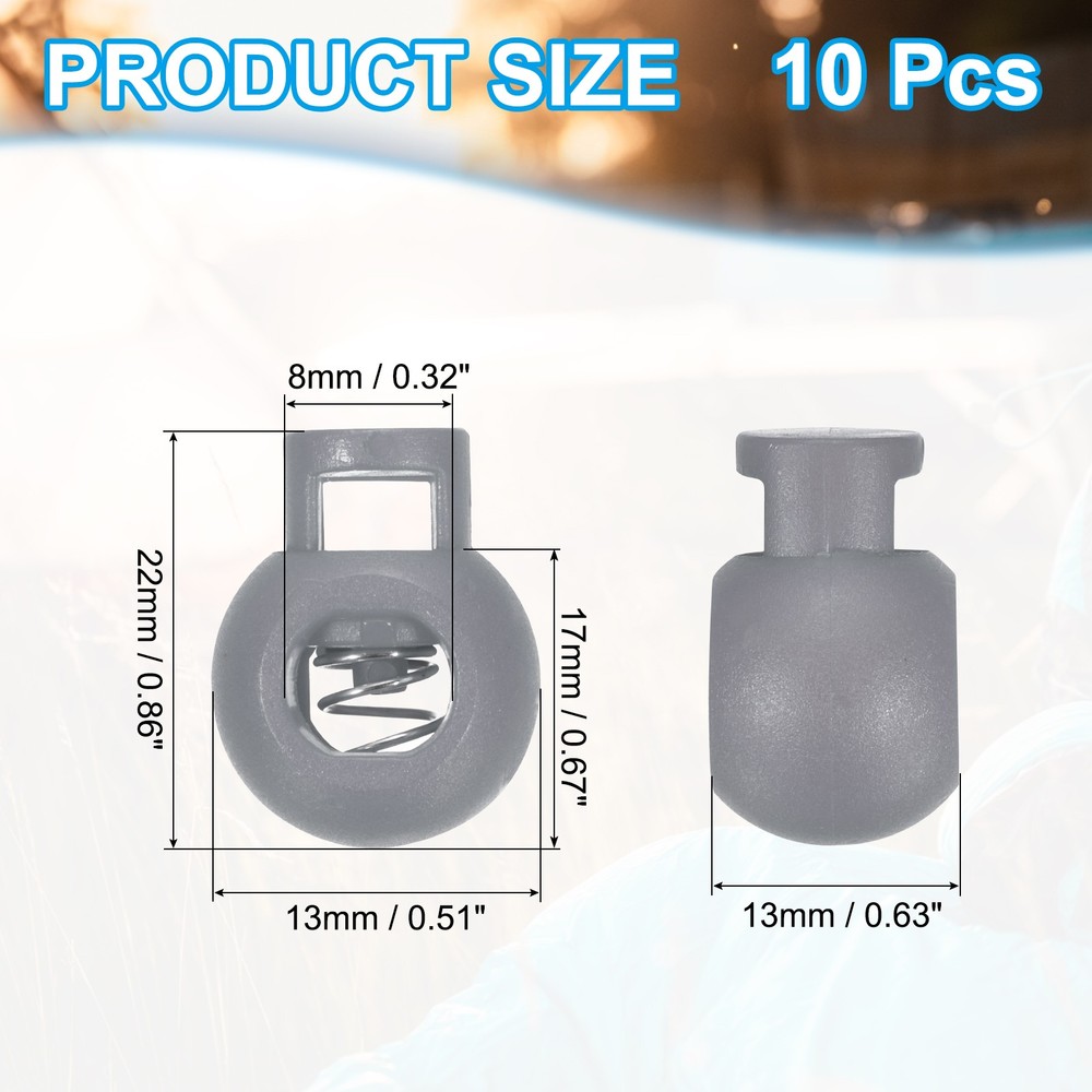 10pcs Plastic Cord Lock Single Hole Toggle Stopper Round Ball Shaped, Gray