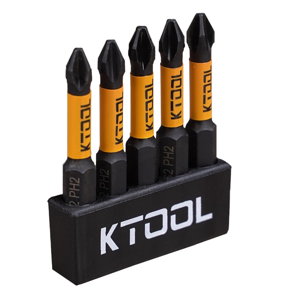KTOOL Impact Driver Bit Set 5 Pack 2 Inch Phillips Bits #2 Black/Orange