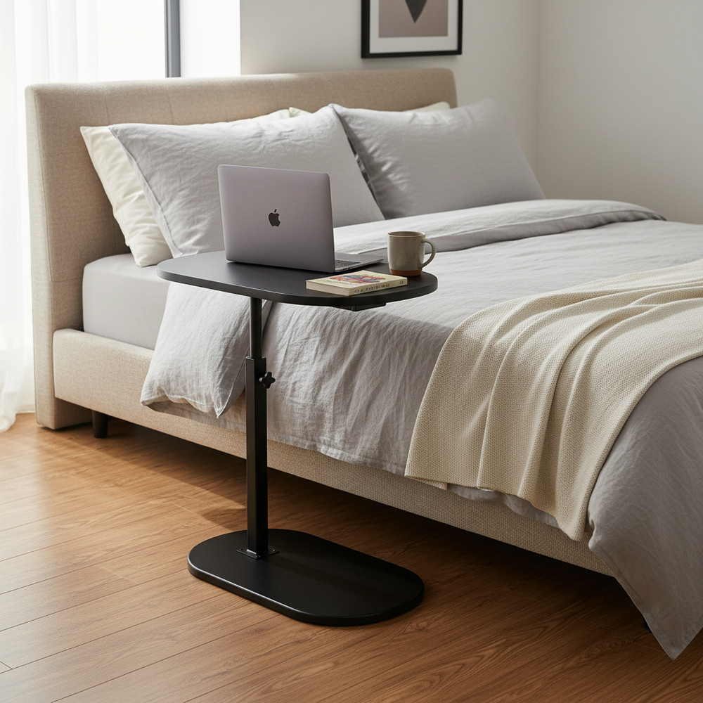 47*32cm Black Height Adjustable Swivel Side Table, C-Shaped Sofa End Table