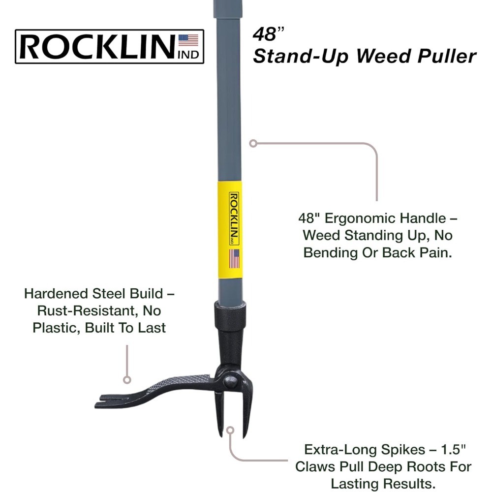 Stand Up Weed Puller Tool, 4-Claw Steel Head, 48" Metal Handle