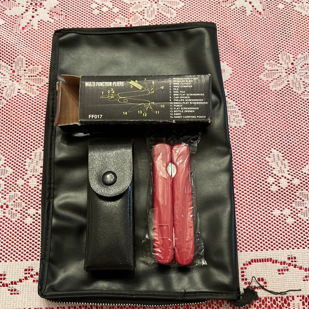 Multi Tool 8 Blade Pocket Knife Red Handle Black Sheath NIB