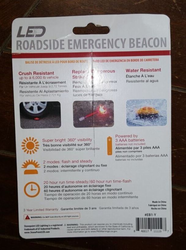 LED Roadside Emergency Magnetic Beacon -2 Modes Flash & Steady- Model EB1-Y