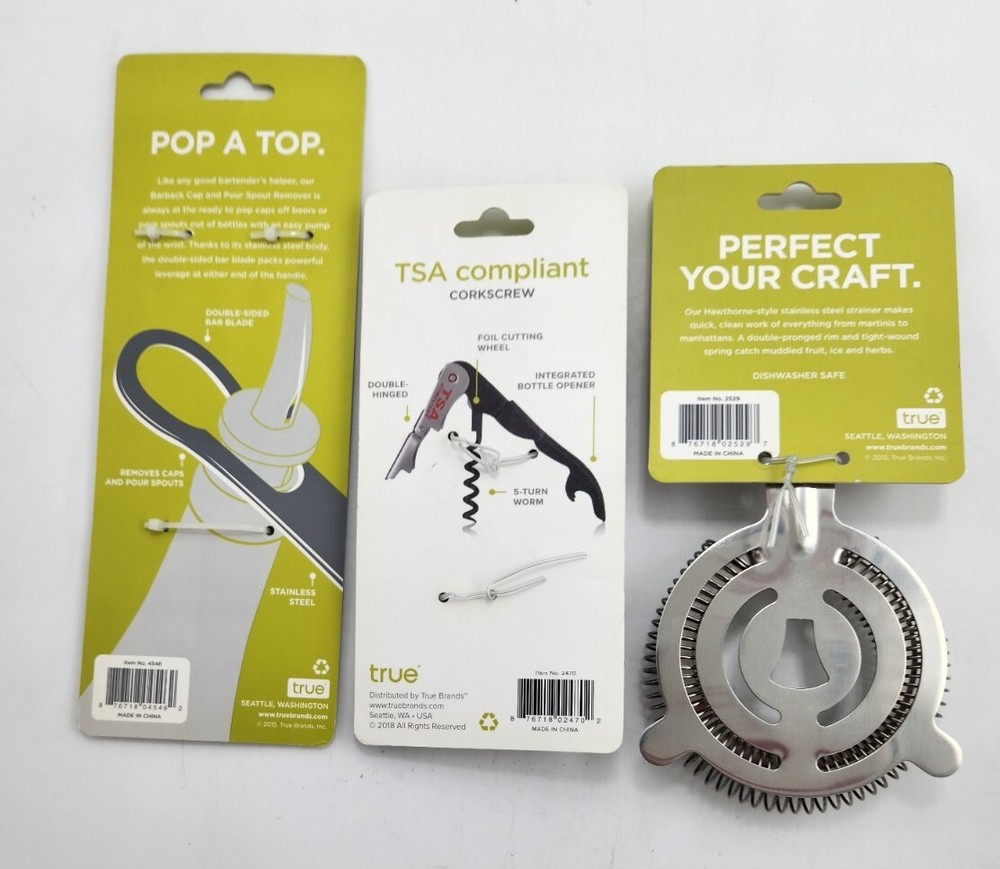 True Hawthorne Bar Set Cocktail Strainer Corkscrew Bottle Cap Spout Remover 3 Pc