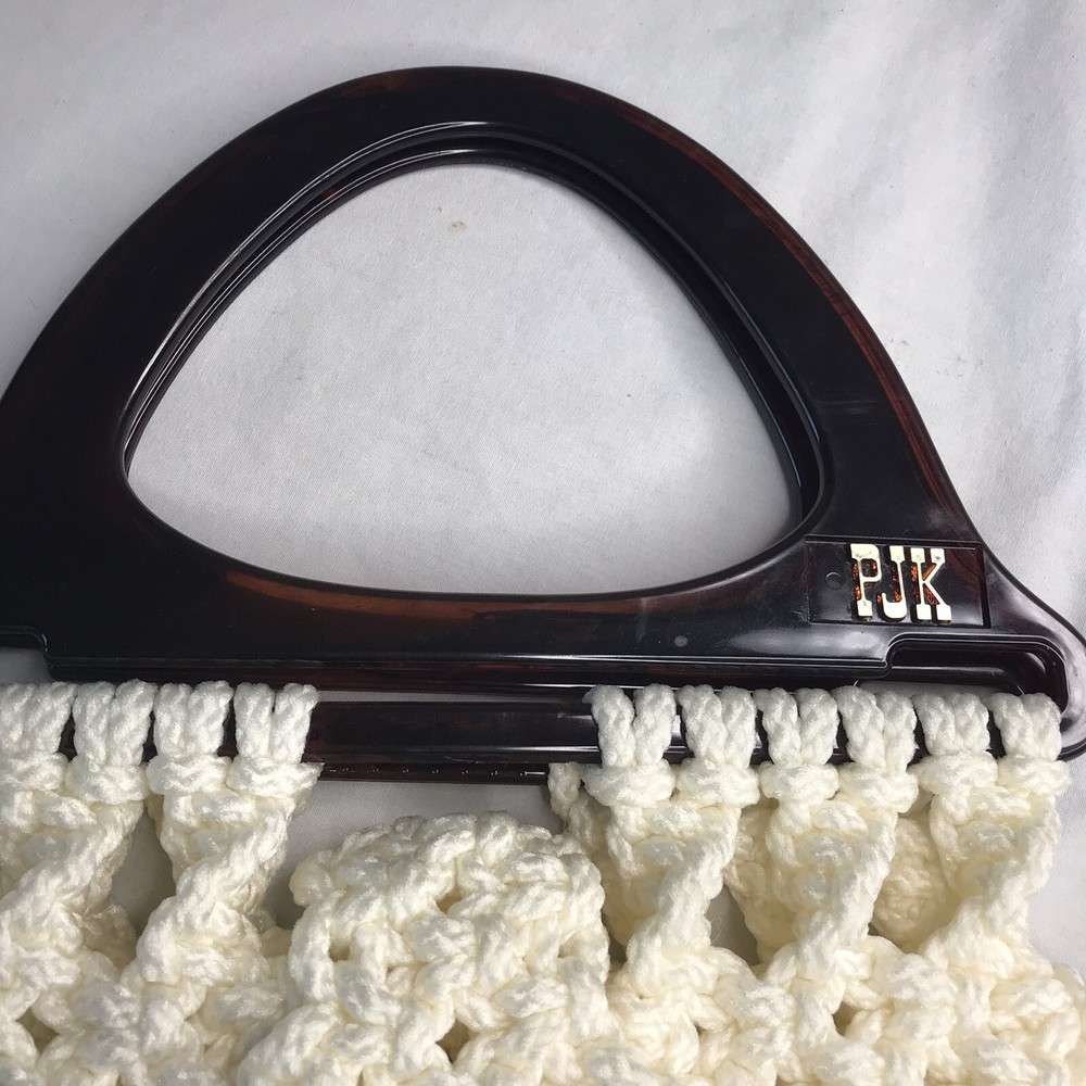 Vintage 70's Macrame Purse Ivory Plastic Handle Initials Boho Chic