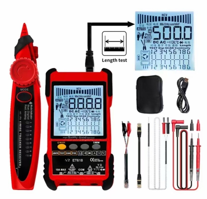 Multifunctional Network Cable Tester with LCD Display Multimeter Line Finder Red