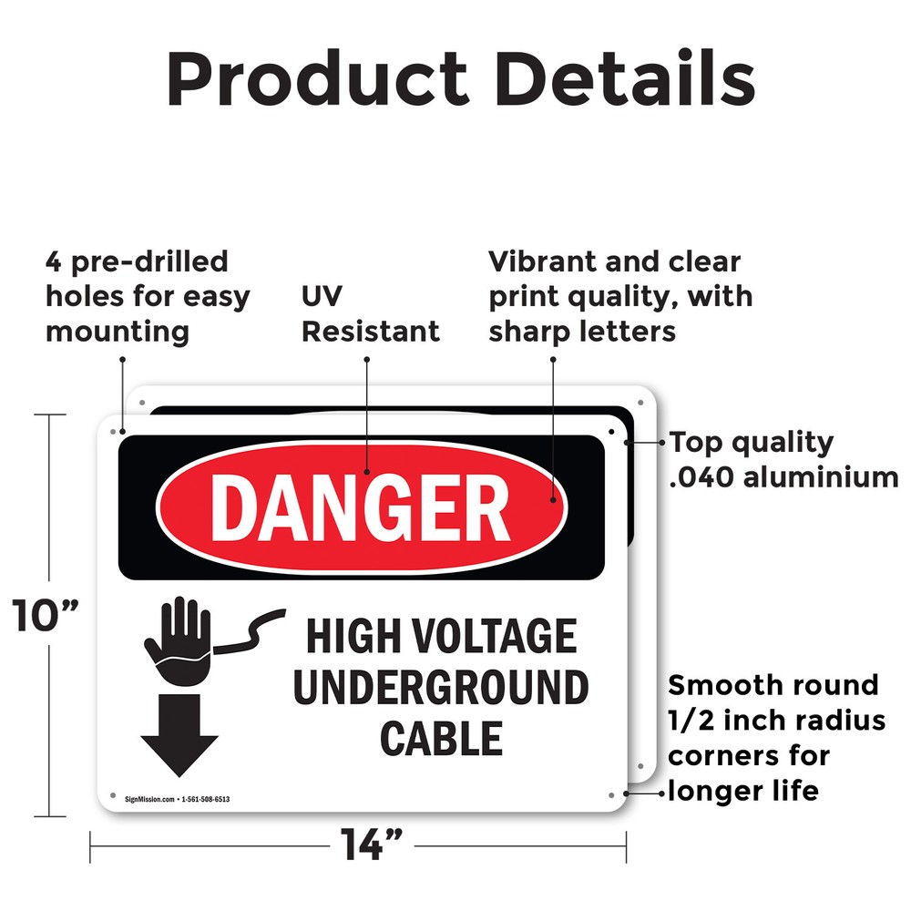 (2 Pack) High Voltage Underground Cable OSHA Danger Sign Decal Metal Plastic