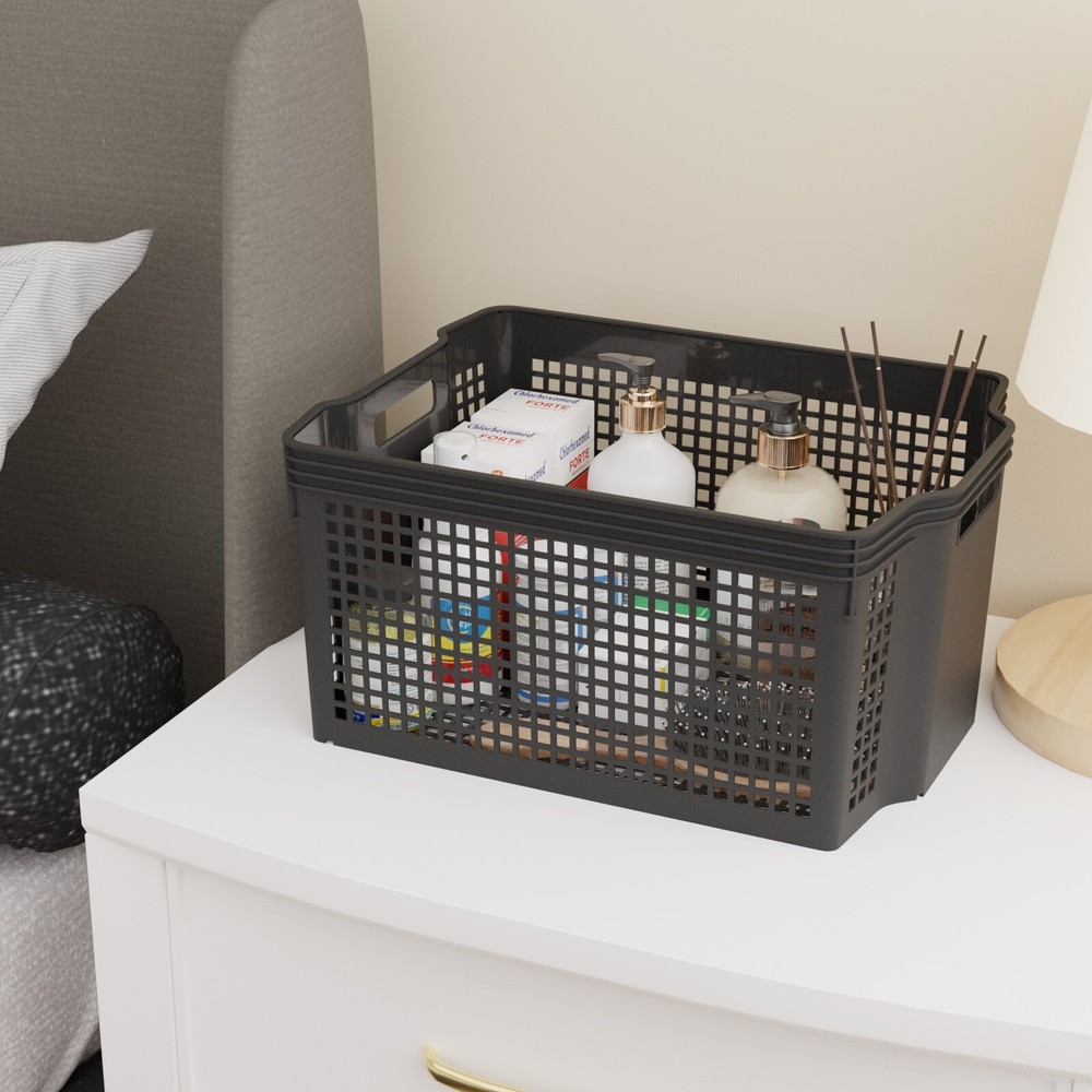 6 Pack Large Stackable Basket, Plastic Woven Basket Organizer, Black