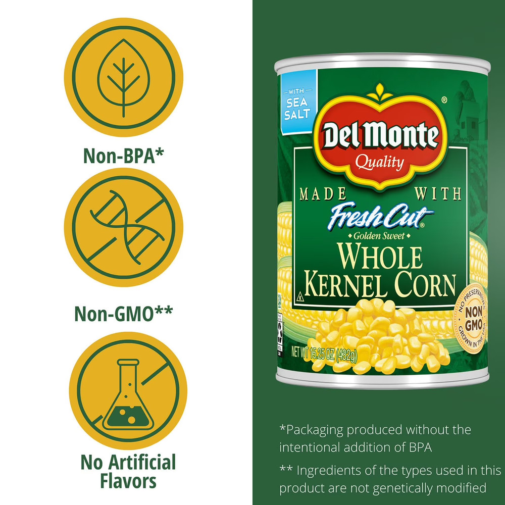 Del Monte Golden Sweet Whole Kernel Corn, 15.25 oz., 8 Pack