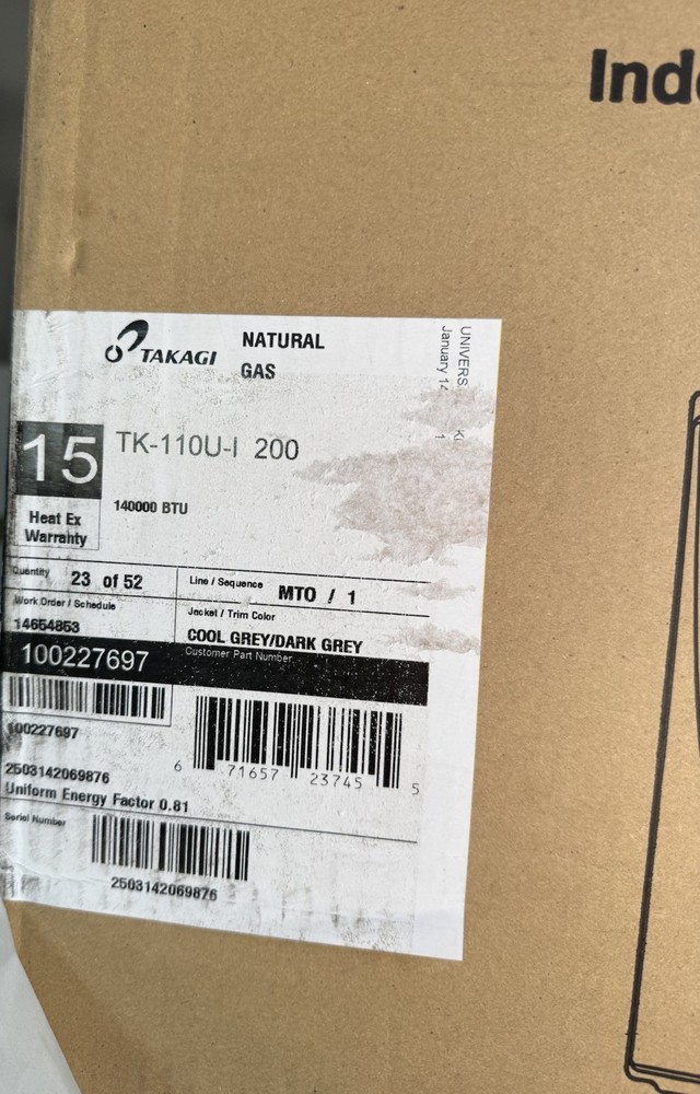 TAKAGI TK-110U-1 200 Ultra Low-NOx Non-Condensing Indoor Tankless Water Heater