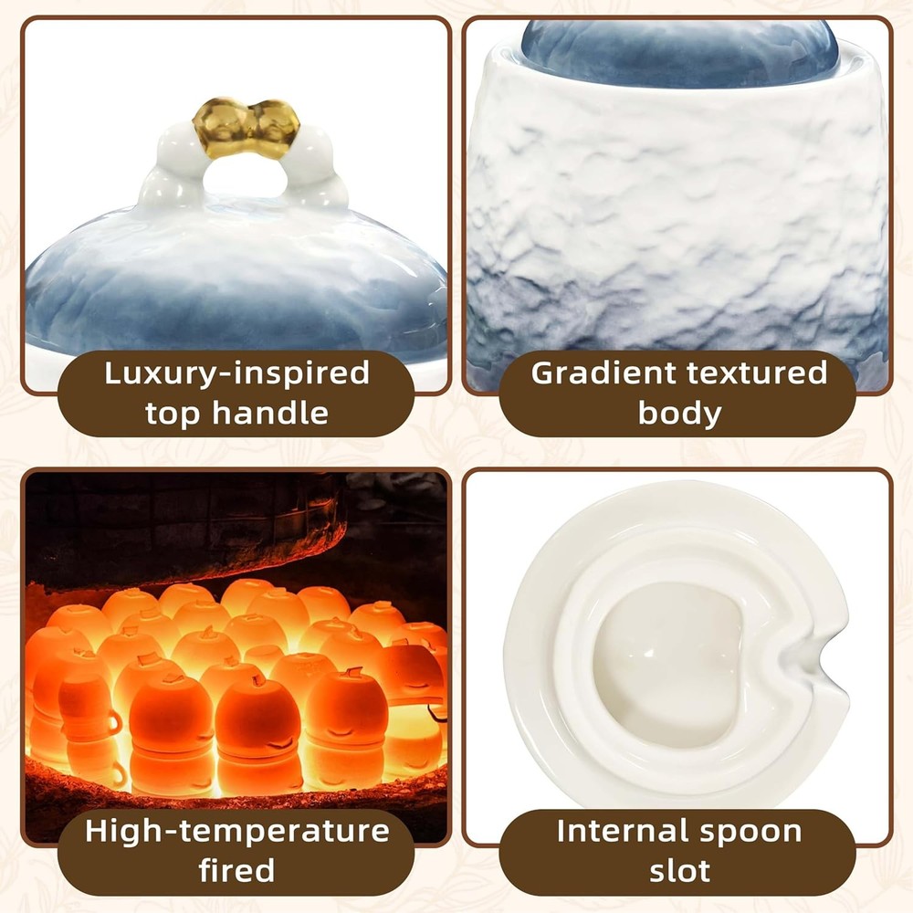 Ceramic Sugar Bowl with Lid Spoon 12oz Gradient Texture Decorative Serving