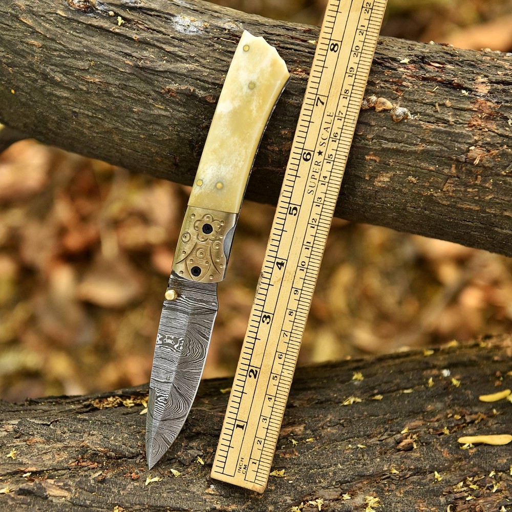 Tactical Viking Handmade Damascus Folding Knife Camel Bone Handle 3.25″ Blade