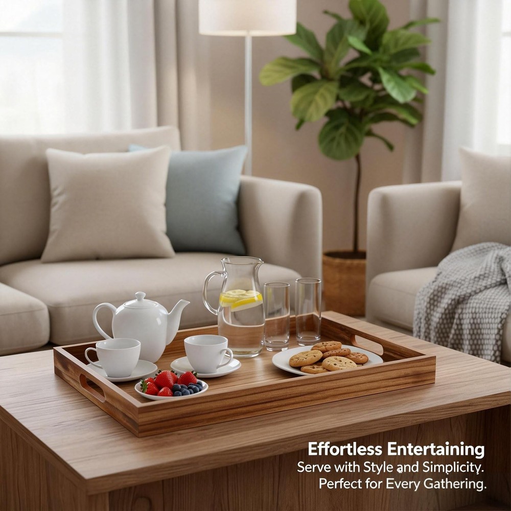 Wooden Serving Tray with Handles, Rustic Brown Rectangular Serving Platter 15...