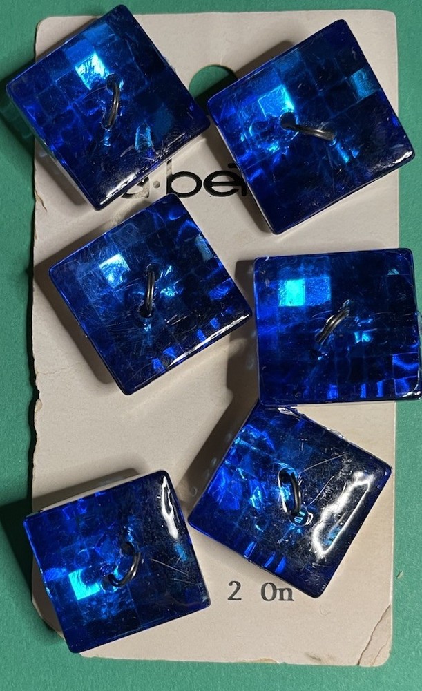 (6) VINTAGE La PETITE 3/4” SQUARE BLUE PLASTIC 2-HOLE BUTTONS-D2