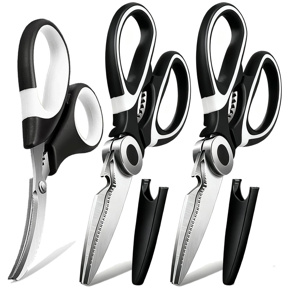 OMDAR Kitchen Scissors All Purpose 3 Pack - Heavy 8.3 Inch, Black & White