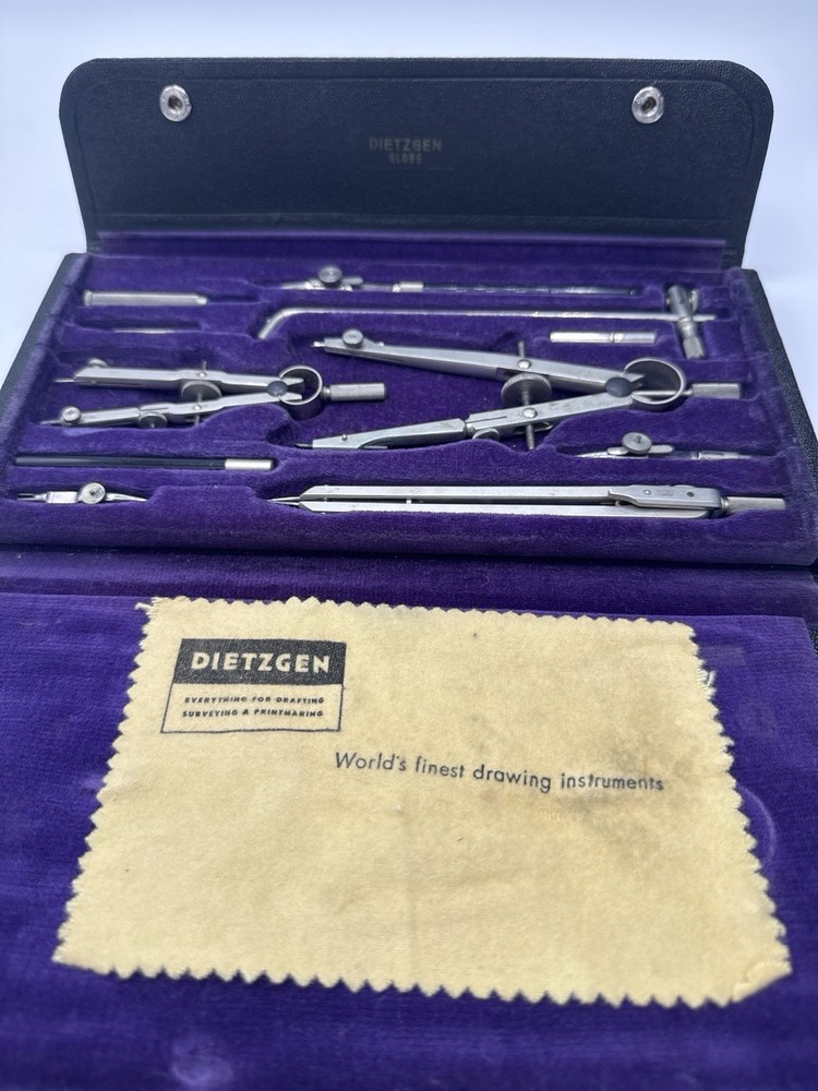 Vintage Dietzgen Drafting Compass Set Complete w/ Case Engineering Drawing USA