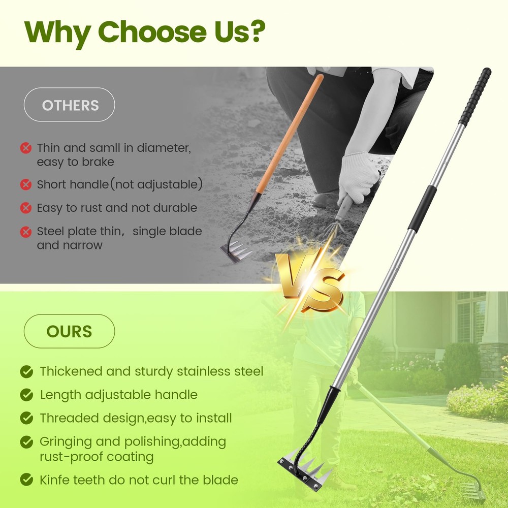 Iron Weeding Rake with Long Handle - Upgraded 5 Teeth Weed 5 Teeth, silver