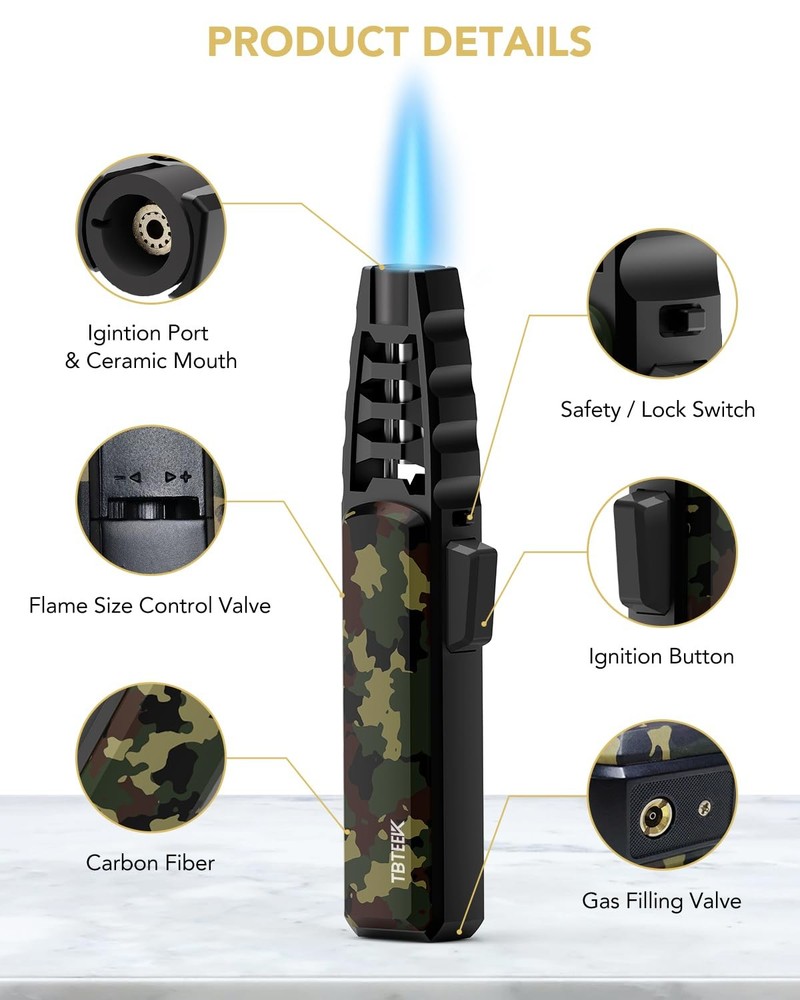 TBTeek Butane Torch Lighter - Adjustable Jet Flame Lighter, Blow Torch, Camo