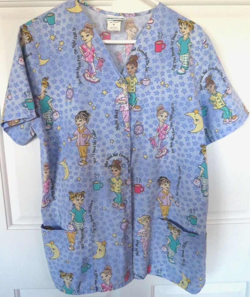 Medical Scrub Top Womens Simply Basic Size Medium S/S Snap Front Night Shift