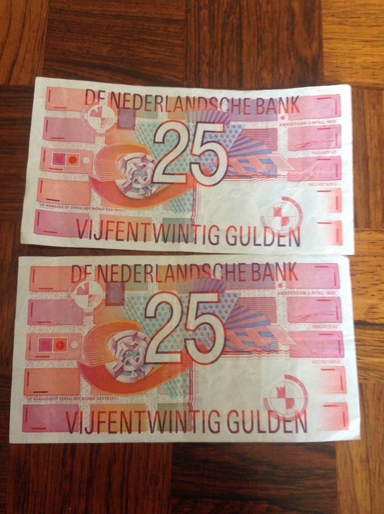2 x 25 Netherlands Gulden banknotes