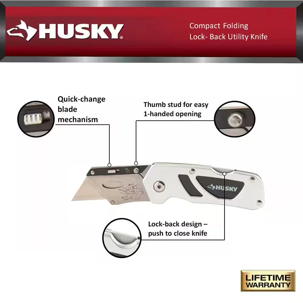 Husky Folding Lock-Back Utility Knife Compact Razor Box Cutter