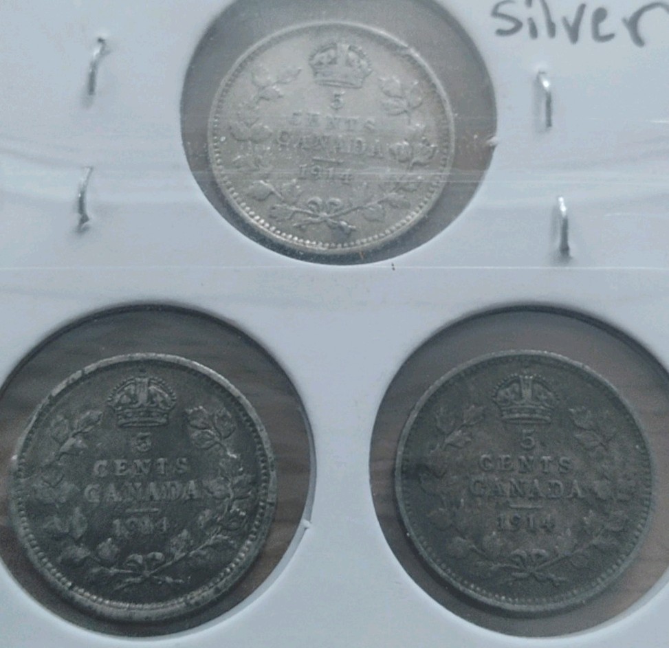 Three 1914 Canada 5 Cent .925 Sterling Silver Coins