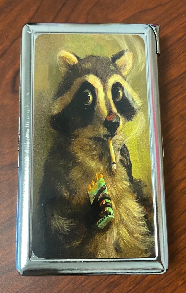 Smoking Racoon 100's Size Cigarette Case with lighter ID Holder Wallet