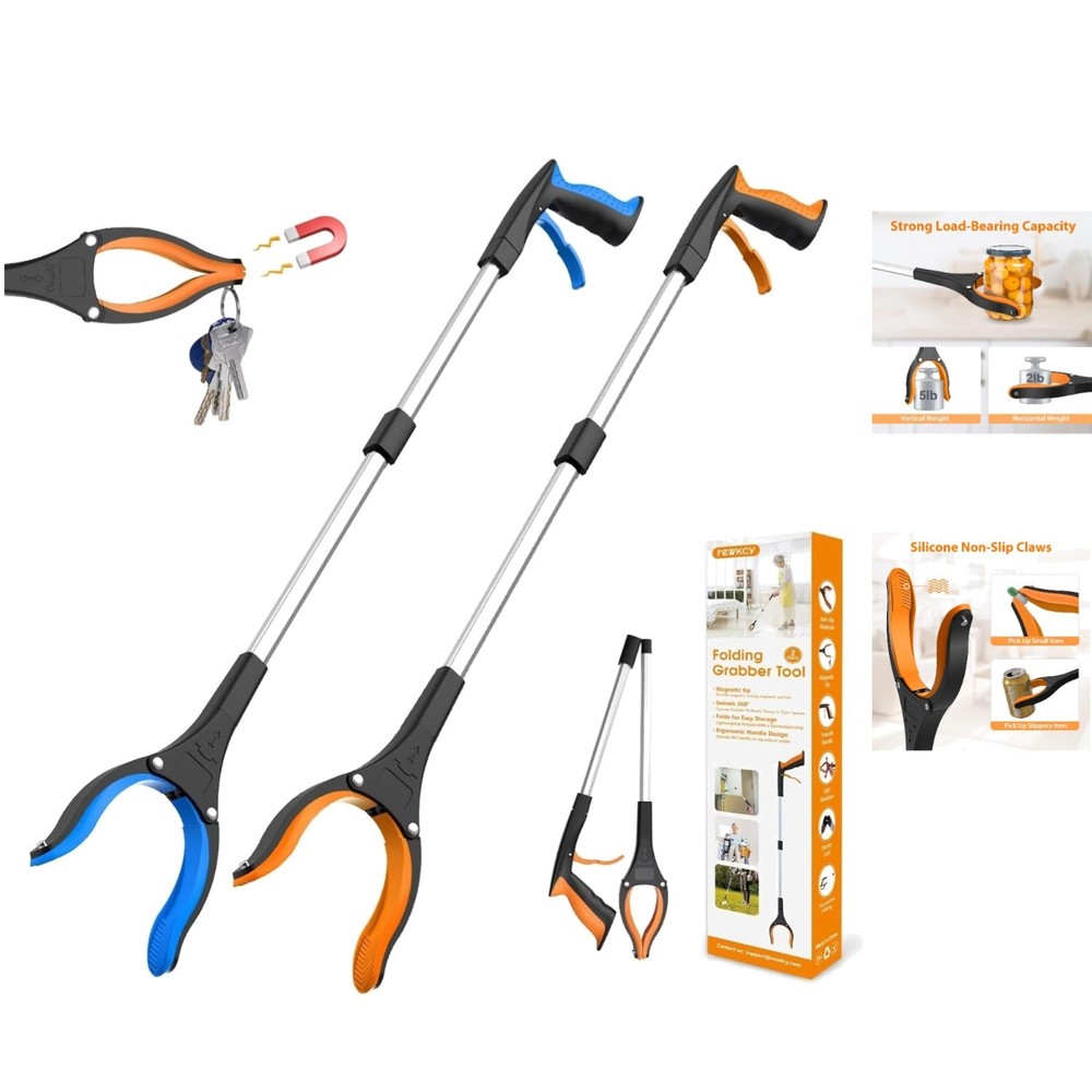 Compact 32" Grabber Tool - 2-Pack with Enhanced Silicone Jaw & Folding Design