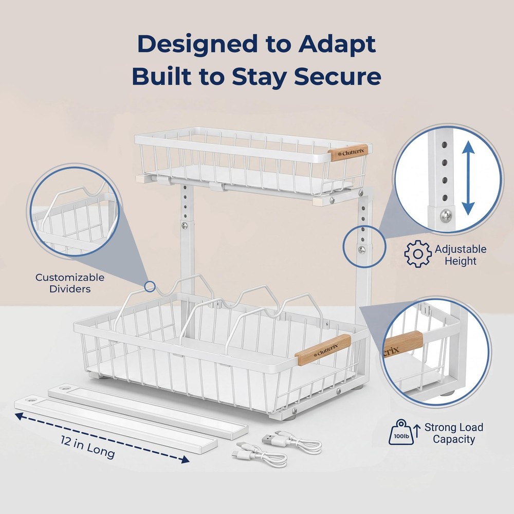 Clutterix Under Sink Organizer, 2 Pack, 2 Tier Sliding Standard Size, White