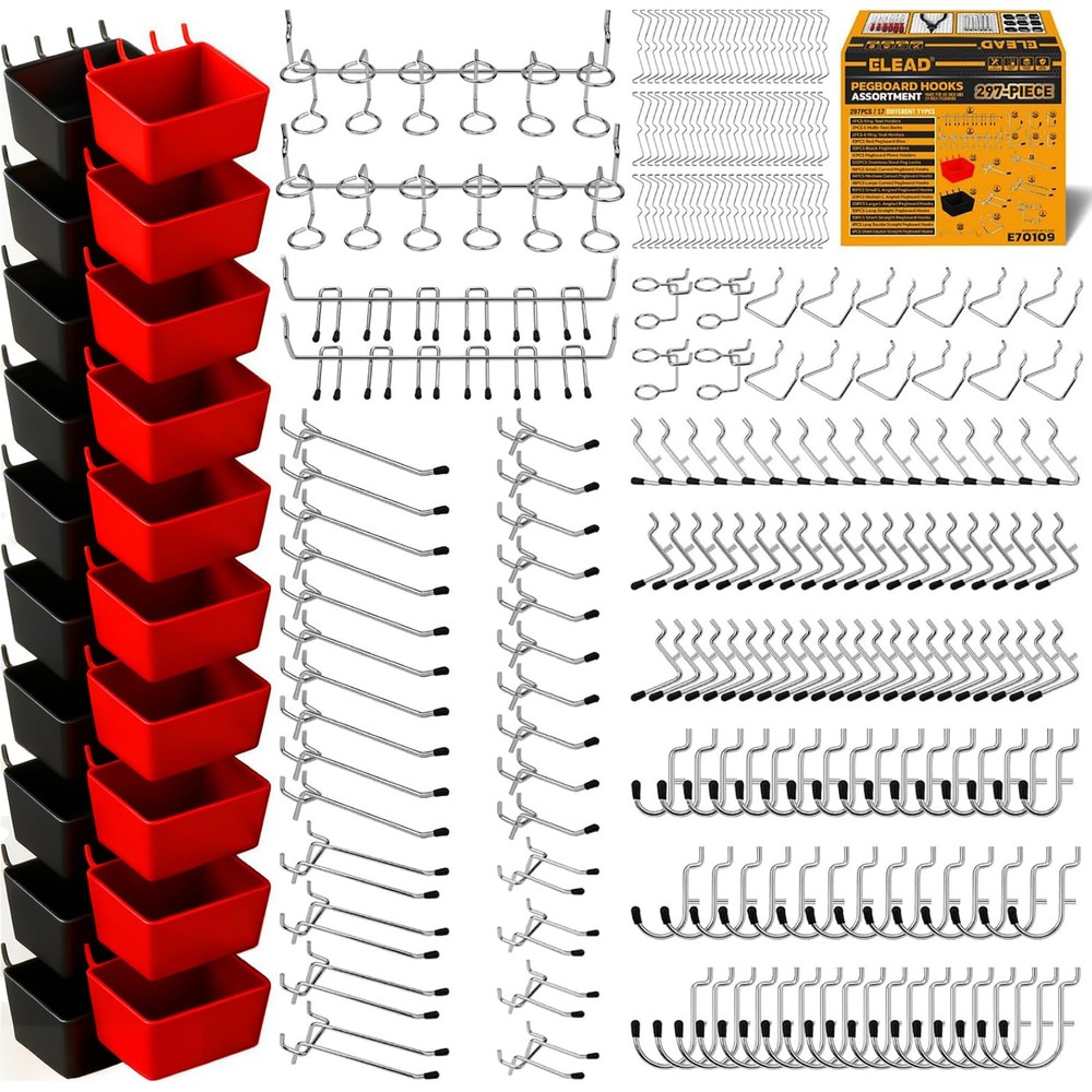 ELEAD 297 Piece Pegboard Hooks Kit, Peg Board Organizer Accessories with Bins