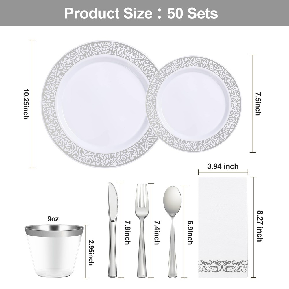 350PCS Silver Plastic Dinnerware Set for 50 Guests, Disposable Plates for Par...