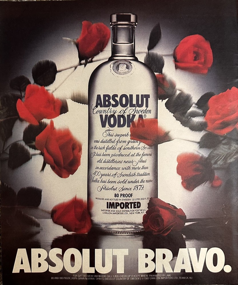 Absolut Vodka Advertisement (Approx. 9.75x12) - Red Roses