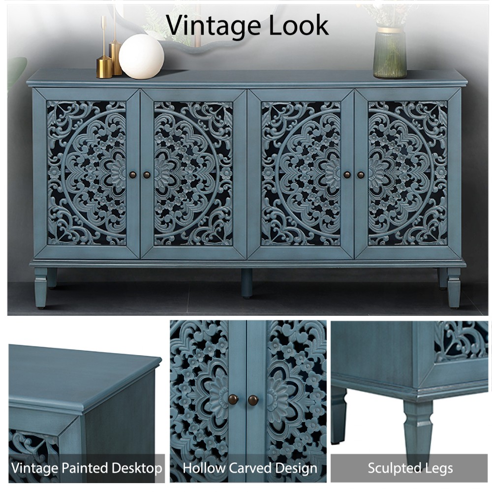 Vintage Sideboard with Solid Wood Legs, Handles, and Adjustable Shelves