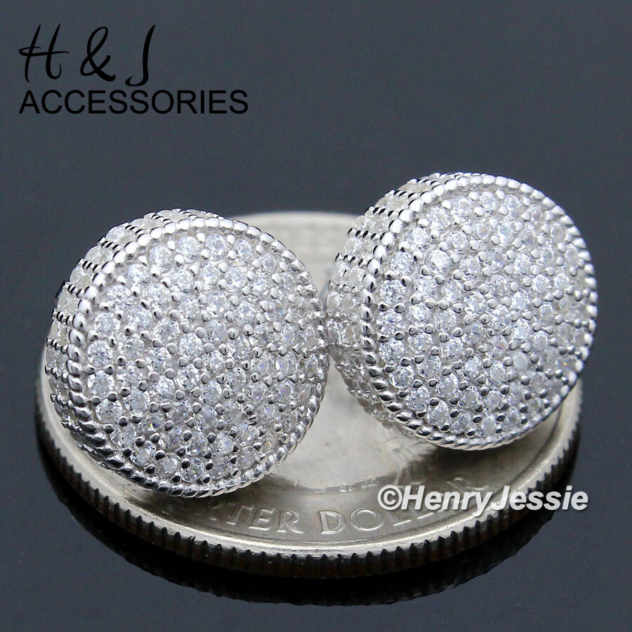 MEN 925 STERLING SILVER 12MM ICY BLING CZ SILVER ROUND STUD EARRING*E190