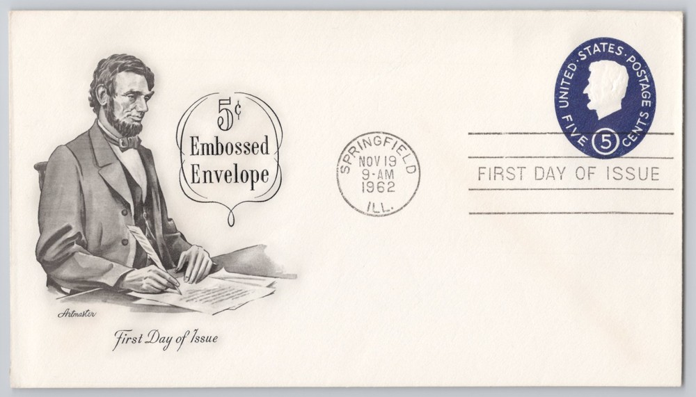 Springfield, IL, Abraham Lincoln 5c Embossed Envelope, FDC, First Day 1962