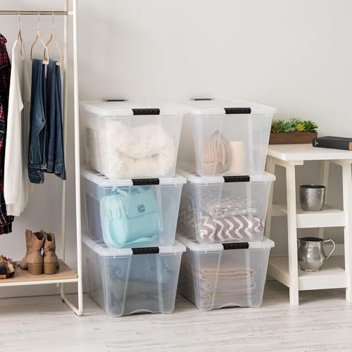 IRIS USA Stackable Plastic Storage Bins with Lids - BPA 54 Qt Clear 6 Pack