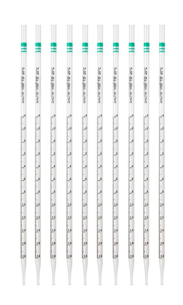 Pipette Serological, 2ml Capacity by 0.02ml, Plastic, Sterile, Color Coded. Pack