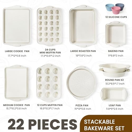 Kikcoin 22 PCS Nonstick Baking Pans Set, Stackable Bakeware, Silicone Handles