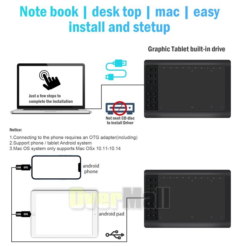 Digital Graphic Drawing Tablet with Screen Pen Display 12 Shortkey for Android