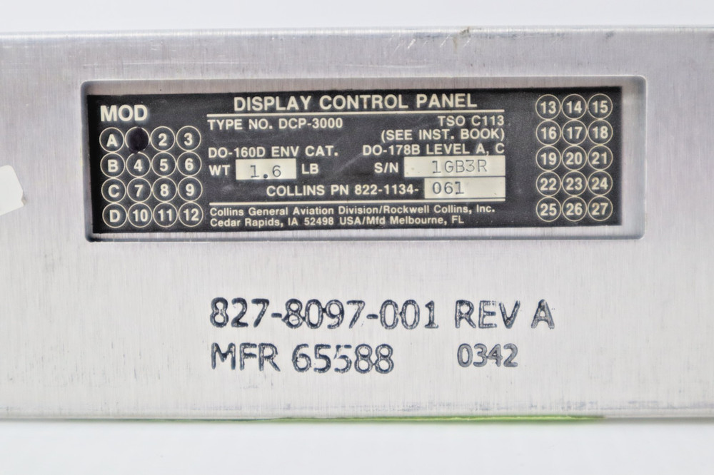 Collins DCP-3000 Display Control Panel 822-1134-061 Removed Working