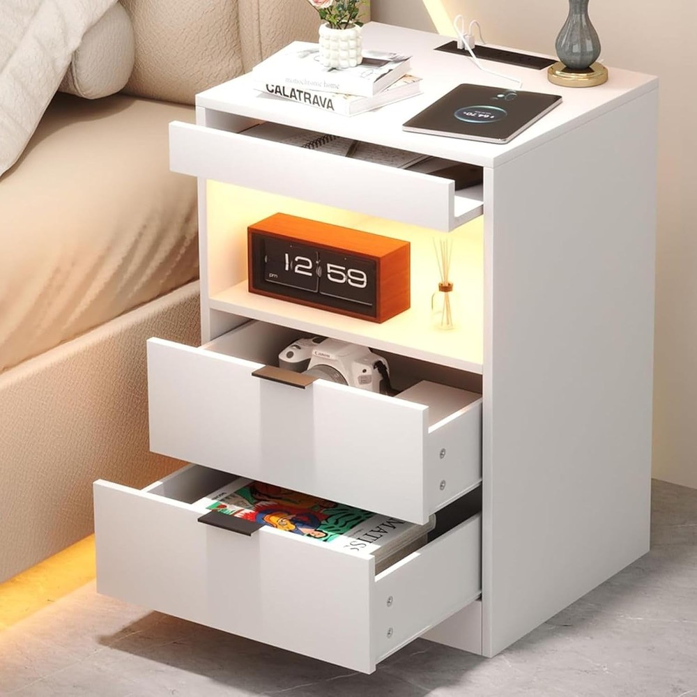 Night Stand, Bedside Table, LED Nightstand with Charging Stat,